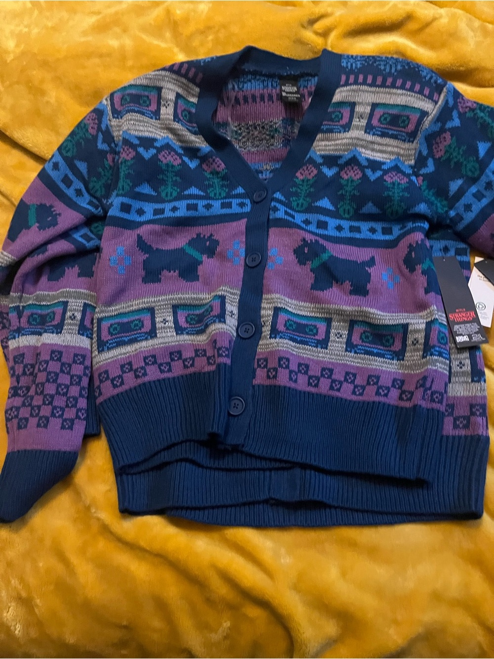 Netflix Navy & Purple Patterned Dog Motif Cardigan